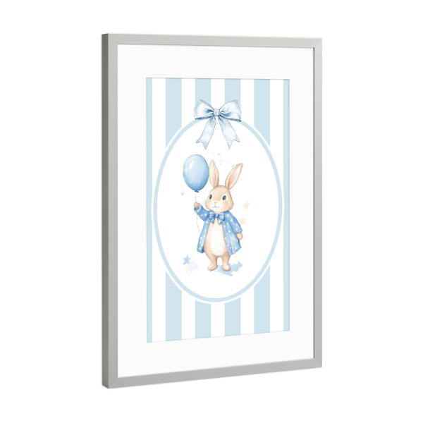 Poster mit Rahmen Silber "Kaninchen mit blauem Ballon" artboxONE - Für Kinder,Tiere,Für Mama
