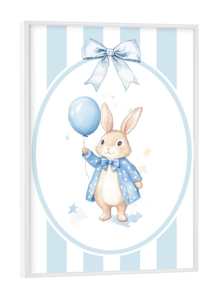 Poster mit weißem Rahmen "Kaninchen mit blauem Ballon" artboxONE - Für Kinder,Tiere,Für Mama