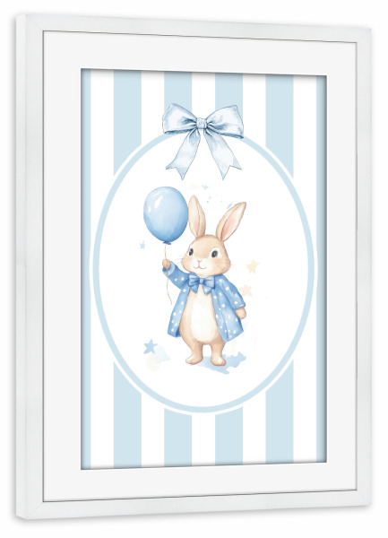 Poster mit Rahmen weiß "Kaninchen mit blauem Ballon" artboxONE - Für Kinder,Tiere,Für Mama
