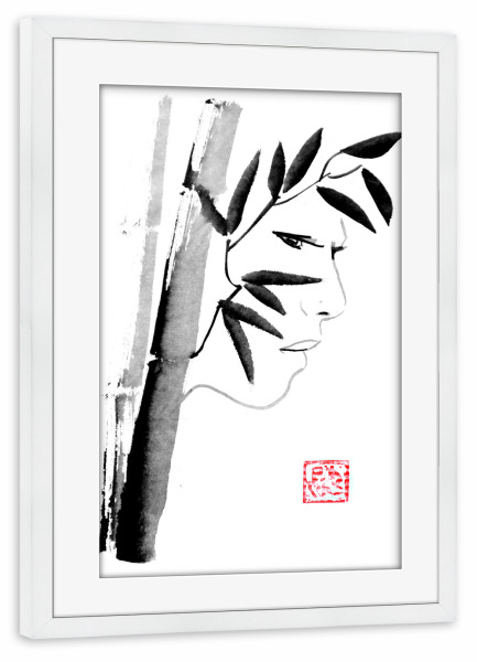 Poster mit Rahmen weiß "Gesicht aus Bambus" artboxONE - Natur,Menschen,Schwarzweiß,Reise / Asien - Bambus,Sumie,Japan,Gesicht,Schwarzweiß