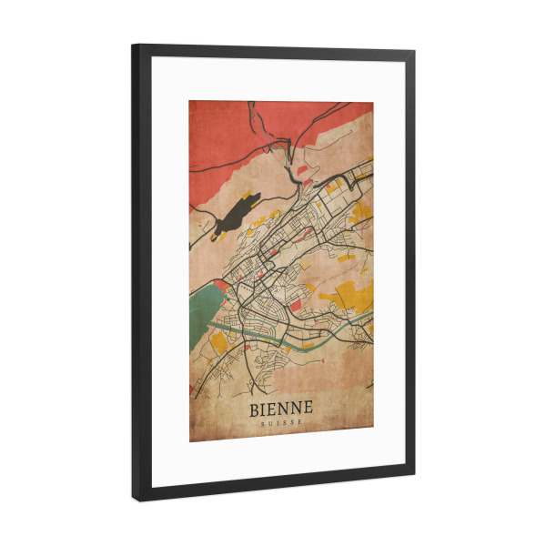 Poster mit Rahmen Schwarz (Metallic) "Bienne Retro Map" artboxONE - Städte / Weitere,Kartografie