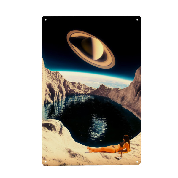 Holzbild "Mondbecken" artboxONE - Reise,Fiktion,Galaxy - Collage,Weltraum,Scifi,Mond,Mond,Retrofuturistisch,Saturn,Jahrgang,Kosmisch,Universum