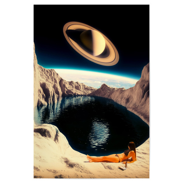 Poster 30x20 cm "Mondbecken" artboxONE - Reise,Fiktion,Galaxy - Collage,Weltraum,Scifi,Mond,Mond,Retrofuturistisch,Saturn,Jahrgang,Kosmisch,Universum