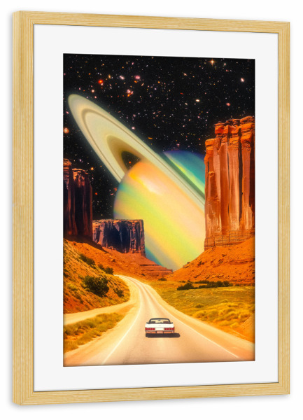 Poster mit Rahmen kiefer "Road Trip to the Rings of Infinity" artboxONE - Natur,Reise,Automobile,Galaxy