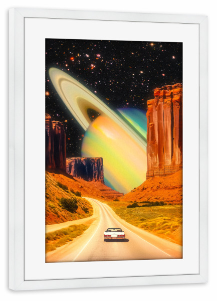 Poster mit Rahmen weiß "Road Trip to the Rings of Infinity" artboxONE - Natur,Reise,Automobile,Galaxy