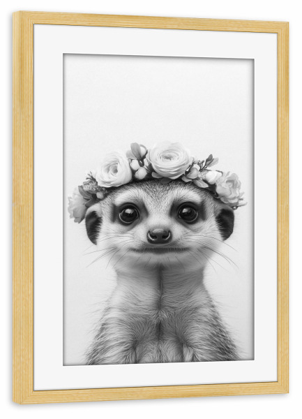 Poster mit Rahmen kiefer "Emma Süßes Erdmännchen Mädchen" artboxONE - Floral,Für Kinder,Tiere,Schwarzweiß