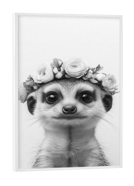 Poster mit weißem Rahmen "Emma Süßes Erdmännchen Mädchen" artboxONE - Floral,Für Kinder,Tiere,Schwarzweiß