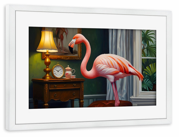 Poster mit Rahmen weiß "Flamingos gemütliche Ecke" artboxONE - Tiere