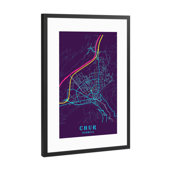 Poster mit Rahmen Schwarz (Metallic) "Stadt Map Chur" artboxONE - Städte / Weitere,Kartografie