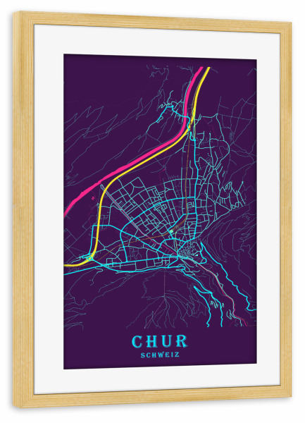 Poster mit Rahmen kiefer "Stadt Map Chur" artboxONE - Städte / Weitere,Kartografie