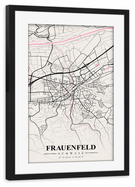 Poster mit Rahmen schwarz "Map Frauenfeld" artboxONE - Städte / Weitere,Kartografie