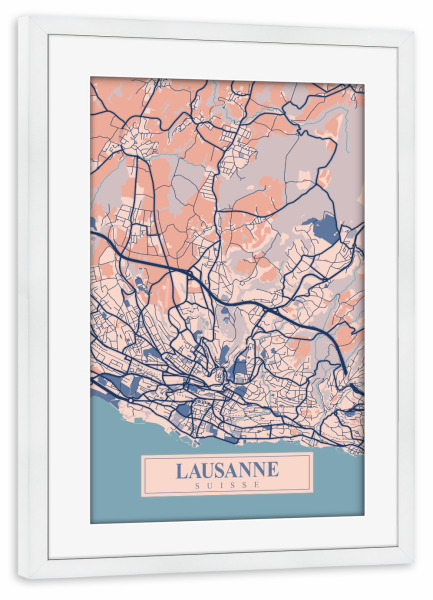 Poster mit Rahmen weiß "Lausanne City Plan" artboxONE - Städte / Weitere,Kartografie