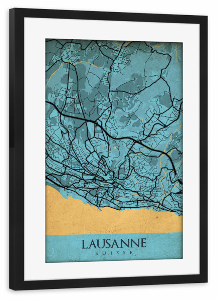 Poster mit Rahmen schwarz "Retro City Lausanne" artboxONE - Städte / Weitere,Kartografie