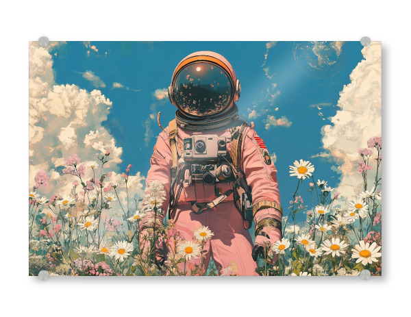 Acrylglasbild "Astronaut in der Natur" artboxONE - Natur,Reise,Galaxy - Astronaut,Galaxie,Weltraum,Collage,Blumen,Pflanzen,Natur,Wolken,Himmel,Ki