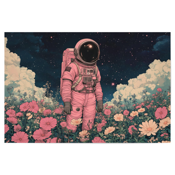 Poster 30x20 cm "Blumenfeld im Weltraum" artboxONE - Natur,Menschen,Galaxy - Blumen,Natur,Reise,Feld,Astronaut,Weltraum,Galaxie,Universum,Bunt,Ki
