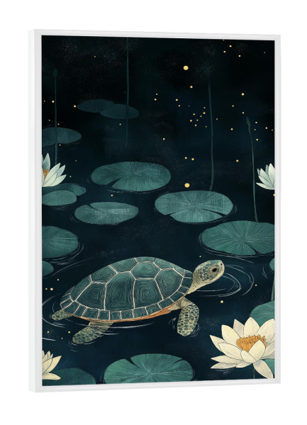 Poster mit weißem Rahmen "Schildkröte im nächtlichen Teich" artboxONE - Natur,Tiere