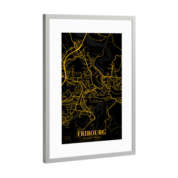 Poster mit Rahmen Silber "Fribourg Stadt Map" artboxONE - Städte / Weitere,Kartografie