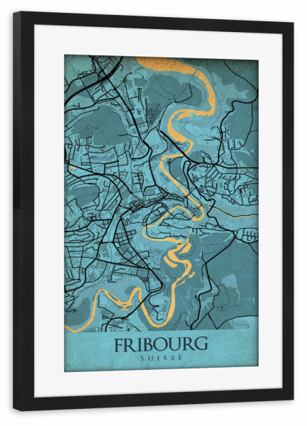 Poster mit Rahmen schwarz "Vintage City Fribourg" artboxONE - Städte / Weitere,Kartografie