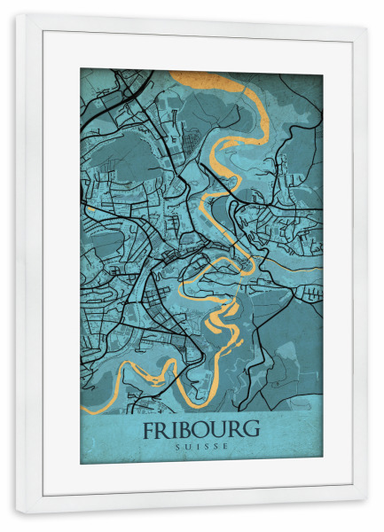 Poster mit Rahmen weiß "Vintage City Fribourg" artboxONE - Städte / Weitere,Kartografie