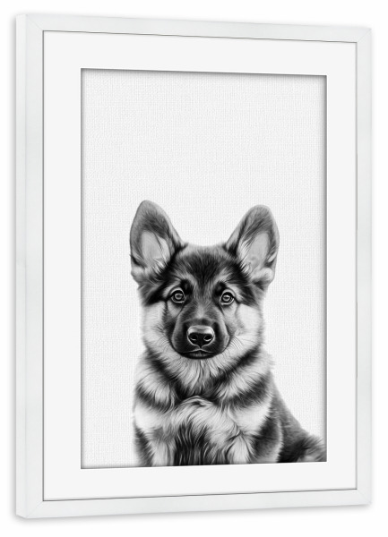 Poster mit Rahmen weiß "Felix Schäferhund Welpe B&W" artboxONE - Für Kinder,Tiere,Lustig