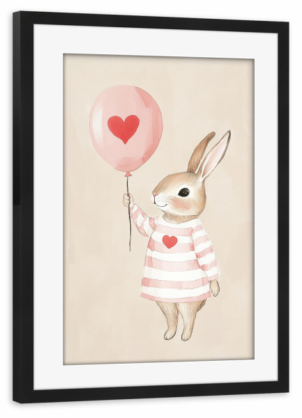 Poster mit Rahmen schwarz "Häschen mit Herz Luftballon" artboxONE - Für Kinder,Tiere,Liebe