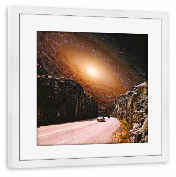 Poster mit Rahmen weiß "Intergalaktische Autobahn" artboxONE - Reise,Automobile,Galaxy