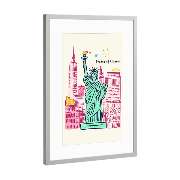 Poster mit Rahmen Silber "Freiheitsstatue pastel Zeichnung" artboxONE - Städte / New York,Typografie,Für Kinder