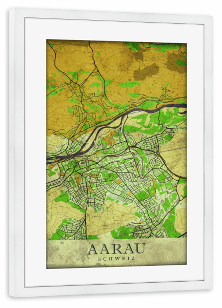 Poster mit Rahmen weiß "City von Aarau" artboxONE - Städte / Weitere,Kartografie