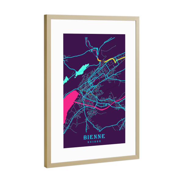 Poster mit Rahmen Gold "Map Biel" artboxONE - Städte / Weitere,Kartografie