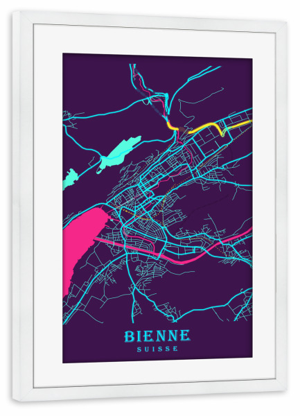 Poster mit Rahmen weiß "Map Biel" artboxONE - Städte / Weitere,Kartografie