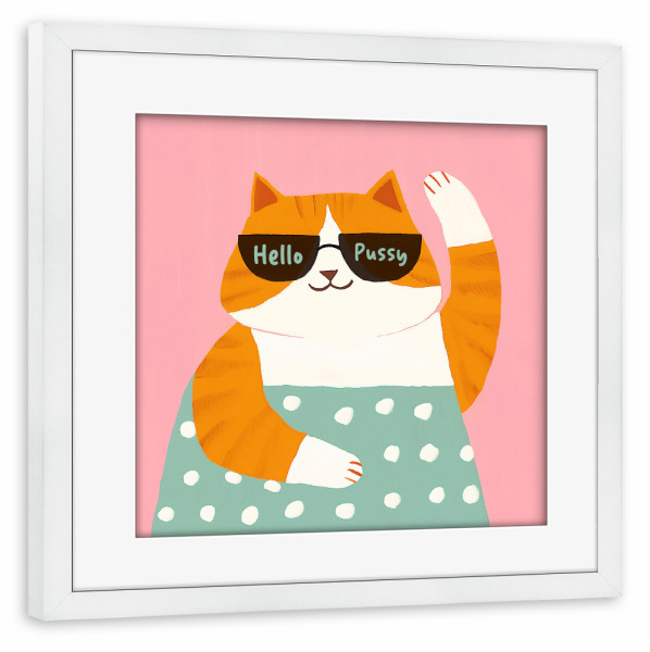 Poster mit Rahmen weiß "Hello Pussy Coole Doodle-Katze" artboxONE - Typografie,Tiere,Lustig