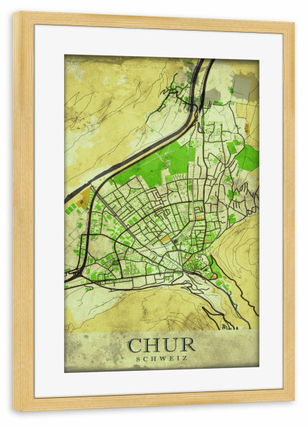 Poster mit Rahmen kiefer "Chur Vintage City Map" artboxONE - Städte / Weitere,Kartografie