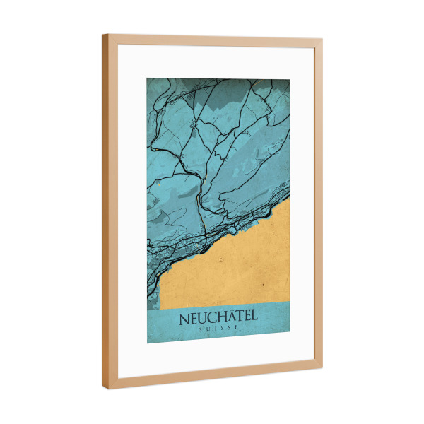 Poster mit Rahmen Kupfer "Vintage City Neuchâtel" artboxONE - Städte / Weitere,Kartografie