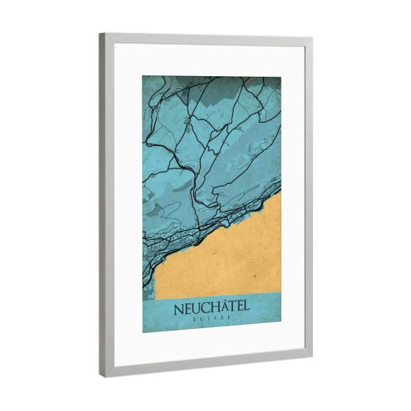 Poster mit Rahmen Silber "Vintage City Neuchâtel" artboxONE - Städte / Weitere,Kartografie