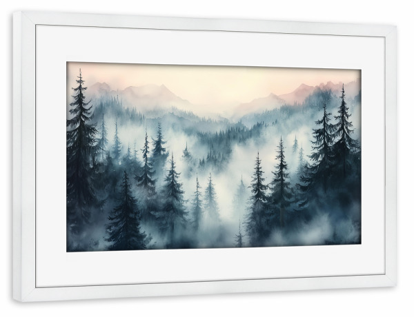 Poster mit Rahmen weiß "Berglandschaft im Mystik Nebel" artboxONE - Natur