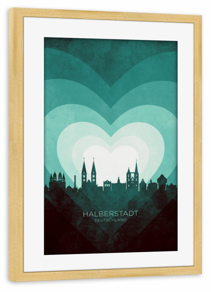 Poster mit Rahmen kiefer "Halberstadt Skyline Herz Blaugrün" artboxONE - Städte