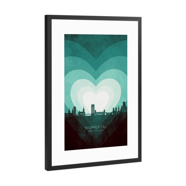 Poster mit Rahmen Schwarz (Metallic) "Wuppertal Skyline Heart Teal" artboxONE - Städte
