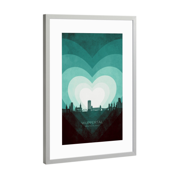Poster mit Rahmen Silber "Wuppertal Skyline Heart Teal" artboxONE - Städte