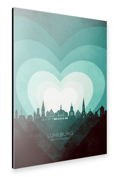 Alu-Dibond "Lüneburg Skyline Herz Blaugrün" 30x20 cm artboxONE