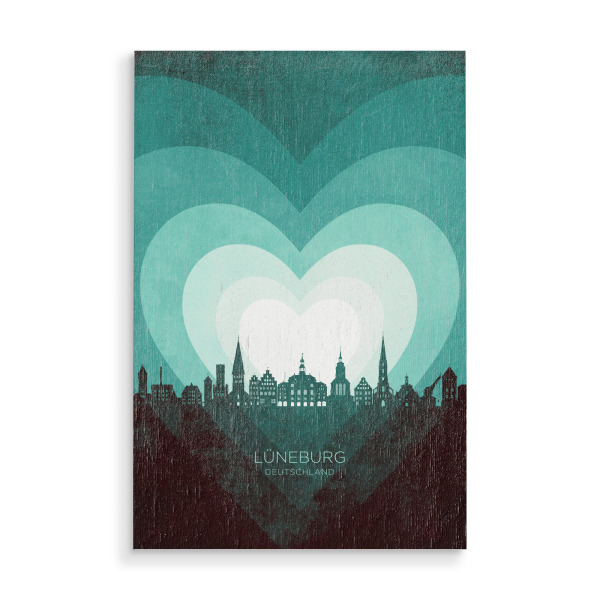 Holzbild "Lüneburg Skyline Herz Blaugrün" artboxONE - Städte - Lüneburg,Deutschland,Herz,Liebe,Romantiker,Valentinstag,Skyline,Stadtbild,Stadtbild
