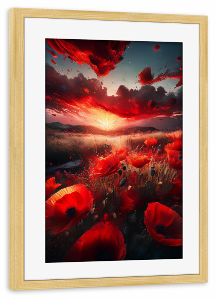 Poster mit Rahmen kiefer "Flammender Himmel über Mohnfeld" artboxONE - Floral