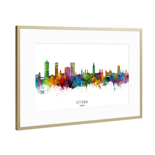 Poster mit Rahmen Gold "Ottawa Canada Skyline II Txt" artboxONE - Städte - Ottawa,Kanada,Skyline,Stadtbild,Stadtbild,Aquarell,Malerei