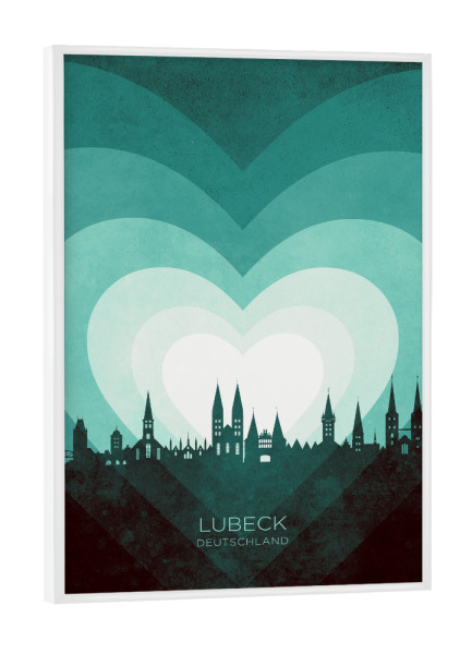 Poster mit weißem Rahmen "Lübeck Skyline Herz Blaugrün" artboxONE - Städte