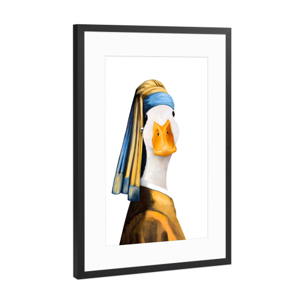 Poster mit Rahmen Schwarz (Metallic) "Ente mit Perlenohrring" artboxONE - Natur,Tiere,Fashion,Für Mama,Lustig