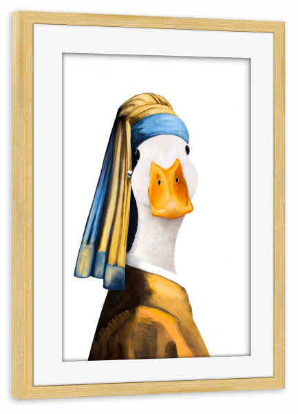 Poster mit Rahmen kiefer "Ente mit Perlenohrring" artboxONE - Natur,Tiere,Fashion,Für Mama,Lustig
