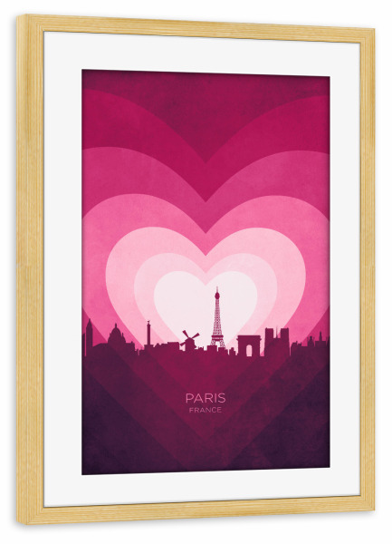 Poster mit Rahmen kiefer "Paris France Skyline Hearts Pink" artboxONE - Städte