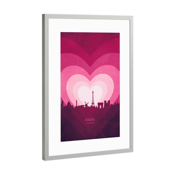 Poster mit Rahmen Silber "Paris France Skyline Hearts Pink" artboxONE - Städte