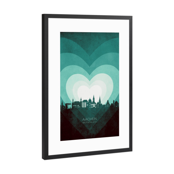 Poster mit Rahmen Schwarz (Metallic) "Aachen Skyline Heart Teal" artboxONE - Städte