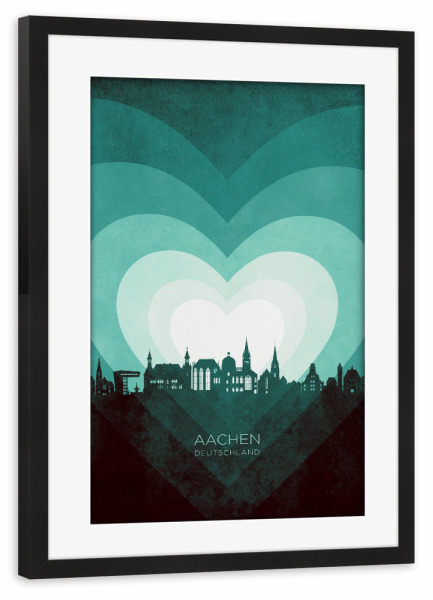 Poster mit Rahmen schwarz "Aachen Skyline Heart Teal" artboxONE - Städte