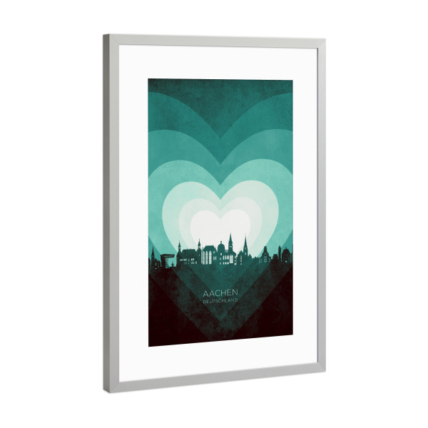 Poster mit Rahmen Silber "Aachen Skyline Heart Teal" artboxONE - Städte